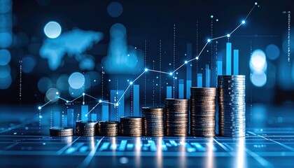 Financial Growth Visualization With Coin Stacks Rising Beside Bar Graphs Against Dark Blue Background