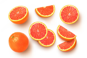set of grapefruit and slice isolated on transparent png background. Top view.	

