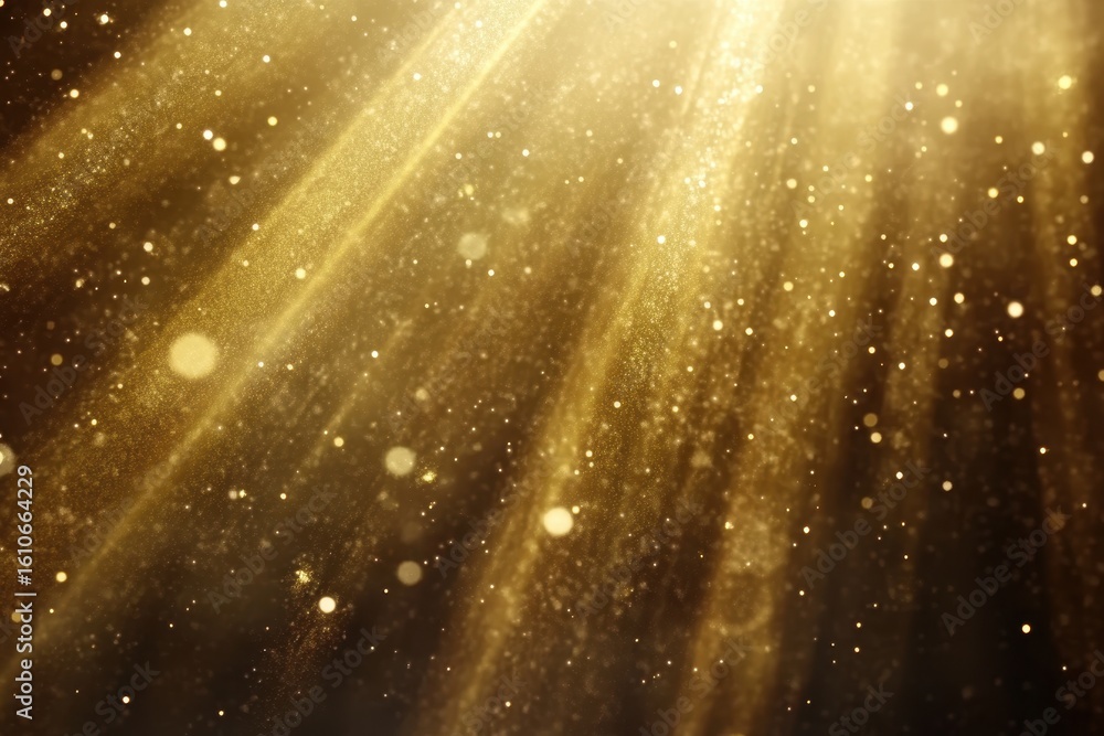 Poster radiating light beams create a mesmerizing effect with sparkling particles in a golden atmosphere, b