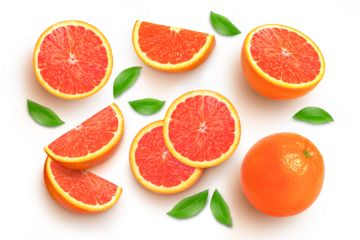 set of grapefruit and slice isolated on transparent png background. Top view.