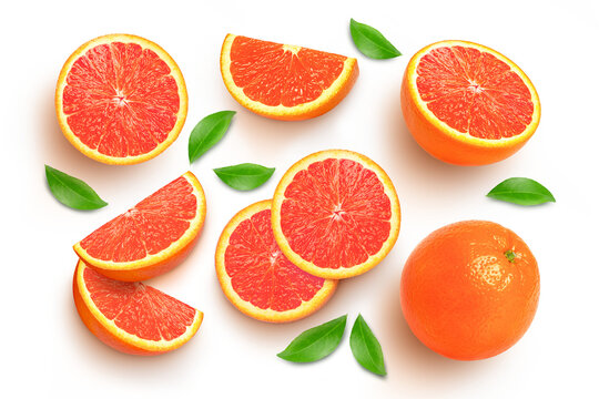 set of grapefruit and slice isolated on transparent png background. Top view.