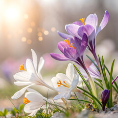 Fototapeta premium Vibrant spring flowers captured in soft sunlight with macro photography and bokeh background effect
