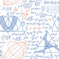 Multicolored mathematical vector seamless pattern with formulas and figures, "handwritten on grid copybook paper"