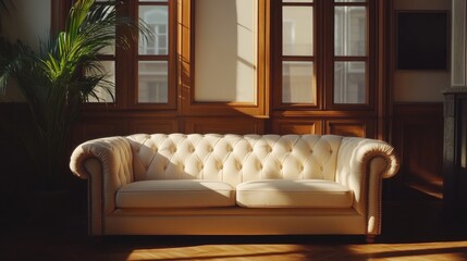 Fototapeta premium Elegant sofa bathed in morning sunlight indoors
