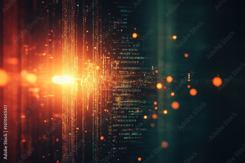 Poster bright light burst illuminating programming code and data in a digital landscape, bright light burst