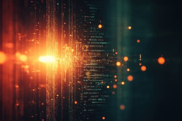 Bright light burst illuminating programming code and data in a digital landscape, Bright light burst with programming code and data processing