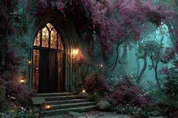 A mystical doorway framed by blooming vines, glowing with ethereal light