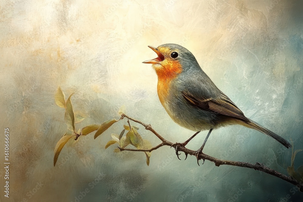 Poster bird sings a beautiful spring song while perched on a branch in a serene setting, bird sings beautif
