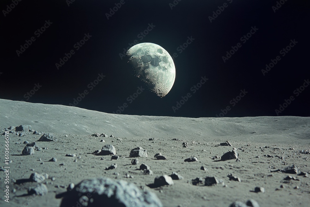 Poster moon landing site with lunar surface and earthrise visible in the distance above the moon's horizon,