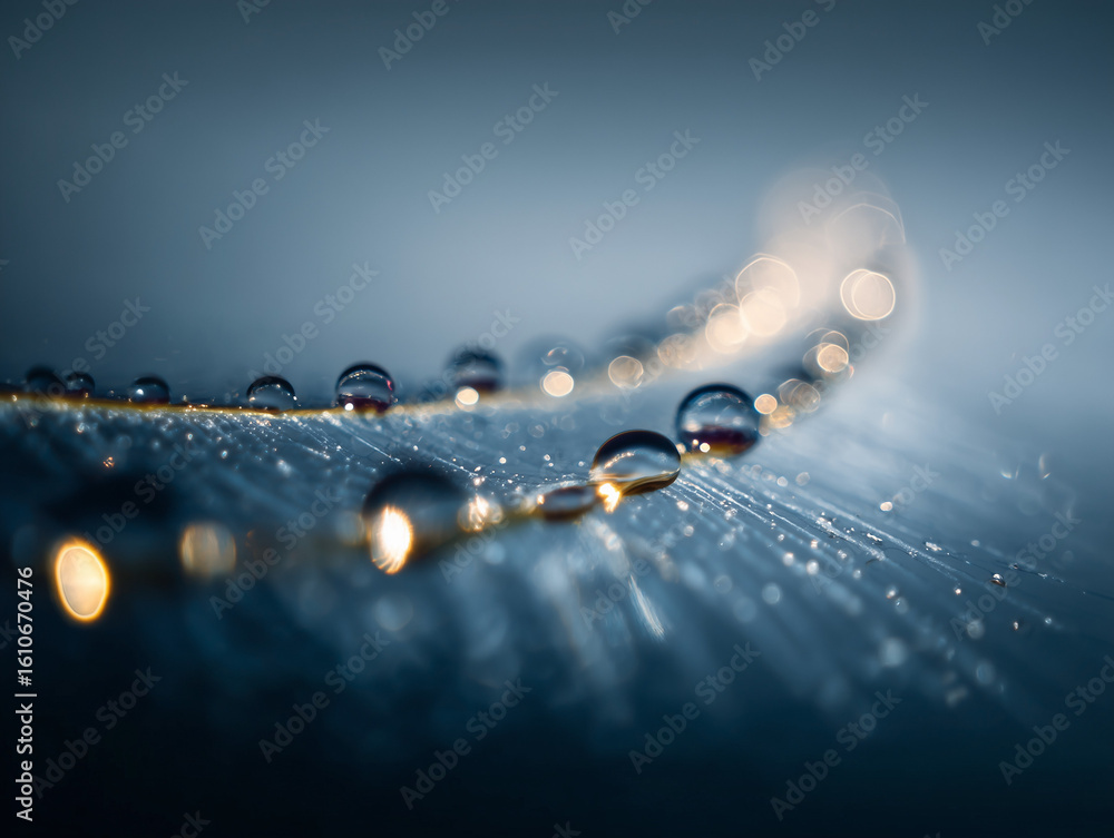 Poster stunning macro shot of water droplets on feather with elegant bokeh effect, serene and calming