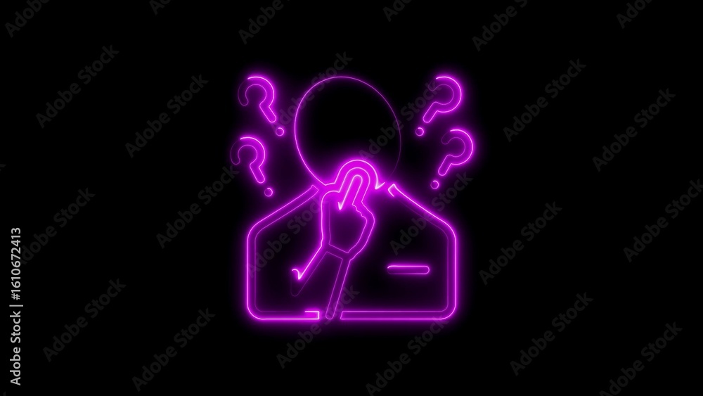 Poster neon icon representing doubt and confusion with question marks illuminated on black background