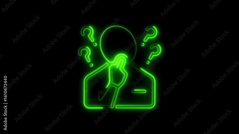 Poster thinking person with question marks illuminated in neon green on a black background