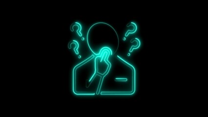 Neon illustration of person thinking with question marks symbolizing uncertainty and doubt