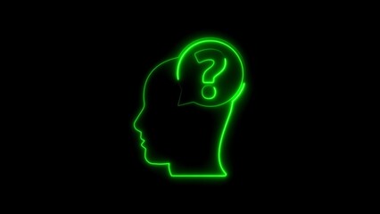 Neon green human head silhouette with question mark thinking concept illustration