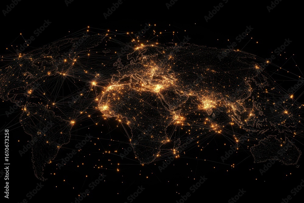 Poster global connections illuminated against a black background showcasing networks of communication and i