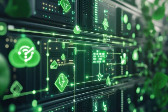 Digital data processing with eco-friendly icons displayed on a dark computer interface, eco icons and digital data processing over computer servers - Powered by Adobe