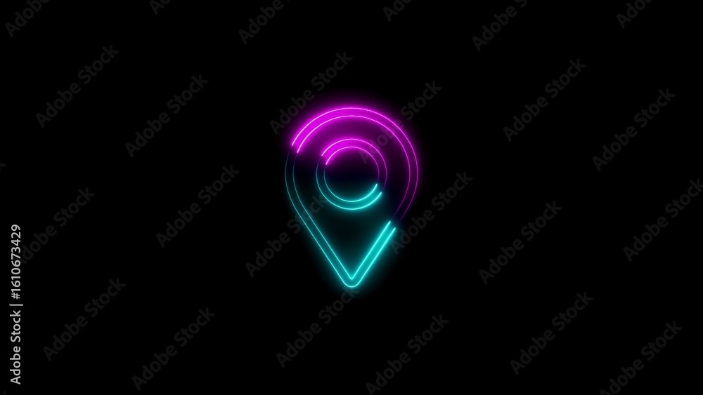 Poster glowing neon location pin symbol on black background representing navigation and gps
