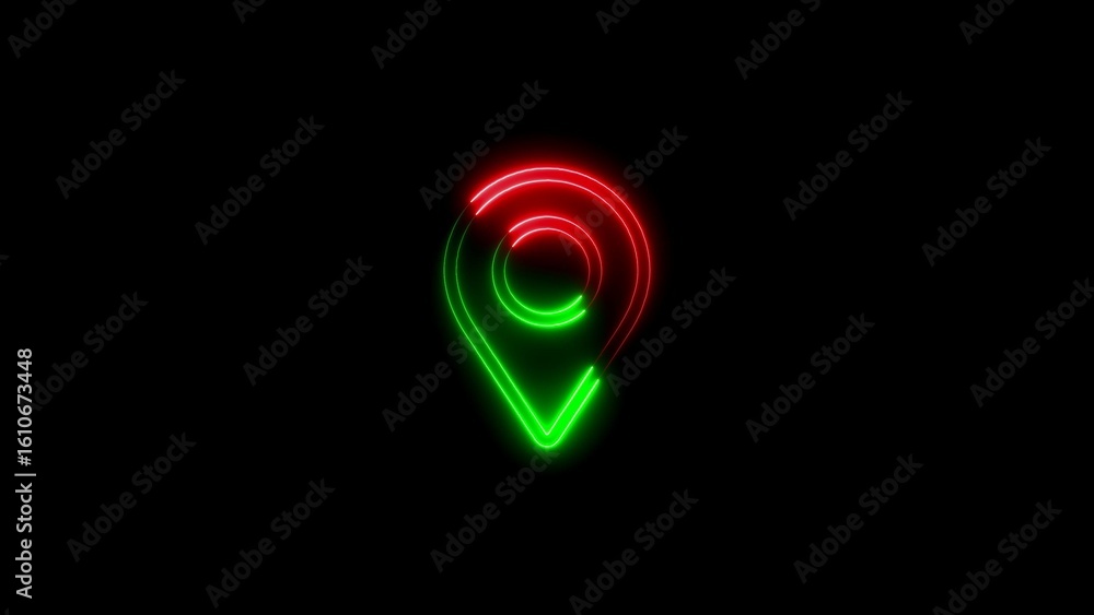 Poster neon glow location pin icon on black background illustrating navigation and guidance