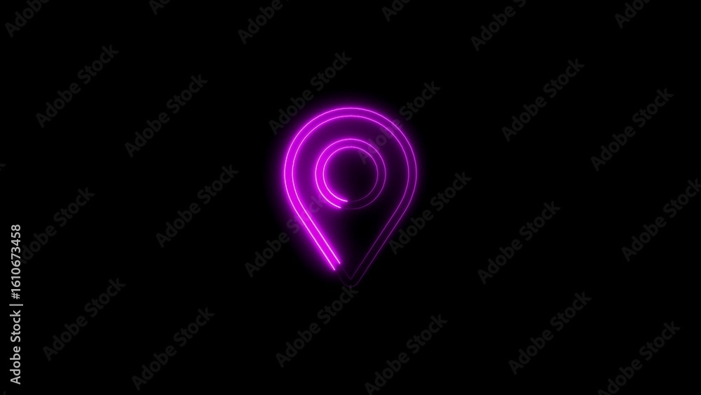 Poster neon purple location pin glowing on black background representing navigation and mapping