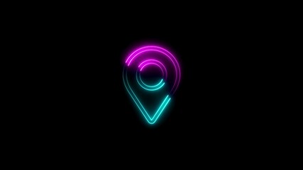 Glowing neon location pin symbol on black background representing navigation and gps