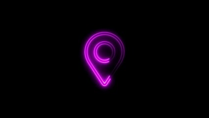 Glowing neon purple location pin icon on a dark background illustrating navigation and mapping