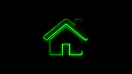 Glowing green neon house icon symbol on black background for home and residence