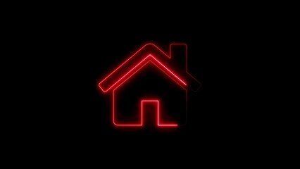Neon red house icon illuminated against a deep black design for digital design