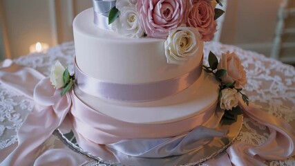 A stunning two-tier wedding cake sits elegantly on a lace-covered table. It features soft pastel roses and flowing ribbons, creating a charming centerpiece for a romantic event