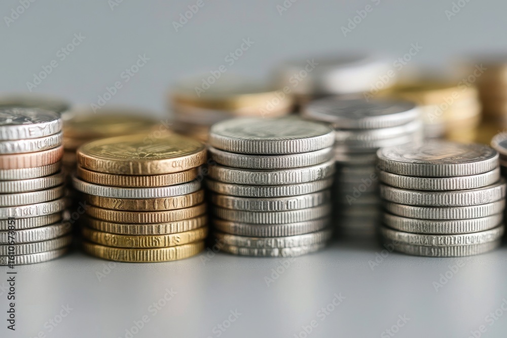 Poster financial data processing with stacks of coins on grey background showcasing various currency types 