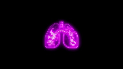 Glowing neon outline of human lungs illuminated against a dark black background