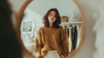 Young Woman In Brown Sweater Reflecting In Round Mirror