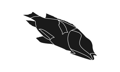 Dead fish in solid black silhouette vector illustration, isolated on white for design, biology, and educational use.