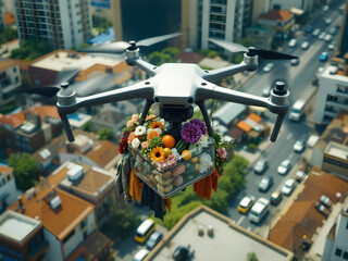 Drone delivers fresh groceries to apartment building balconies.