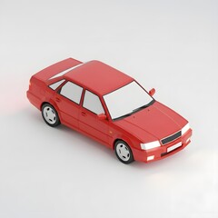 AI-generated red low-poly 3D car with glowing headlights and soft shadows on a clean white/grey background. Modern, isometric view, perfect for automotive concepts, game assets, or minimalist design.