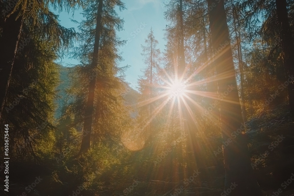 Poster sunlight filtering through the spruce forest creating a serene natural atmosphere, rays of sunlight 