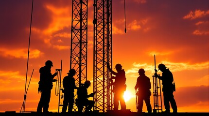 Silhouette of construction workers on a tower against a vibrant orange sunset sky background view