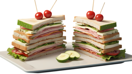 Two tall stacked club sandwiches with cherry tomatoes on top isolated on transparent background