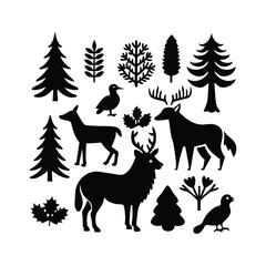 Naklejka premium Wild Forest Animal Silhouettes – Simple Black Icons of Deer, Fox, Bear, and Other Nature Creatures for Design and Decoration