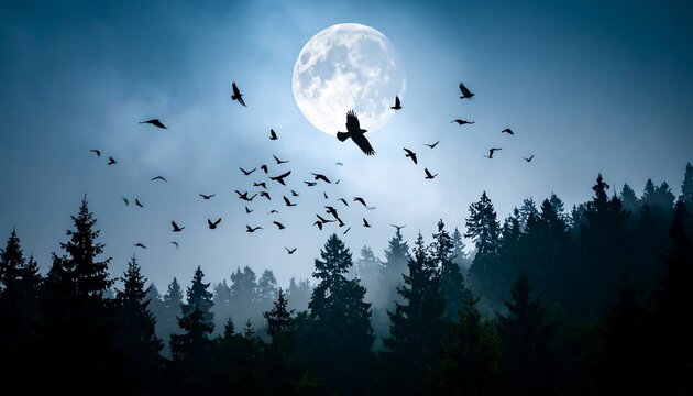 A flock of birds silhouetted against a large full moon over a misty forest at night