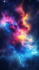 Obraz premium Vibrant cosmic nebula displaying swirling colors of pink blue yellow and orange