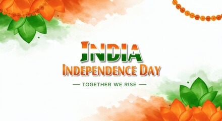 Festive India Independence Day celebration graphic with tricolor watercolor effects, floral elements, and a message of unity.