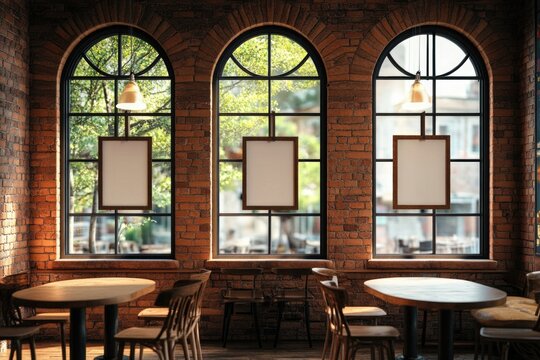 Cozy cafe with big windows and wood tables - Powered by Adobe