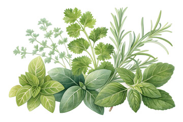 A fresh watercolor illustration of a vibrant collection of culinary herbs, including basil, mint, rosemary, parsley, and cilantro, isolated on a transparent background