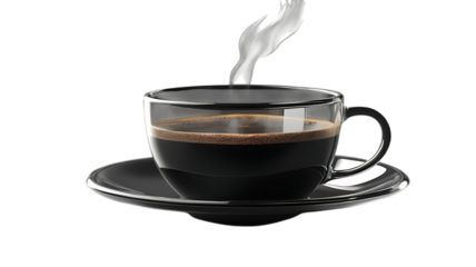 A steaming cup of hot black coffee on a saucer, isolated on white isolated on transparent background