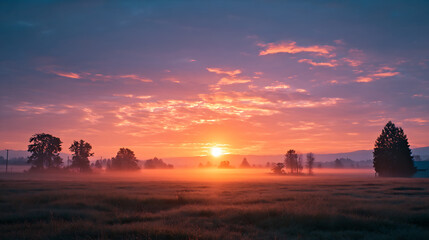 peaceful sunrise over foggy grass fields with scattered trees