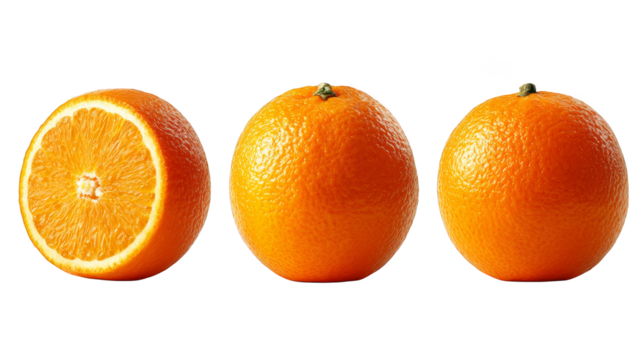 Three vibrant oranges in a row, closeup of fresh citrus fruit.