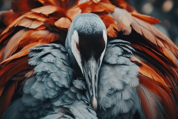 Common crane engaging in feather cleaning and preening activity in its natural habitat, Common crane Grus grus Birds clean their feathers and feed on the field Close up