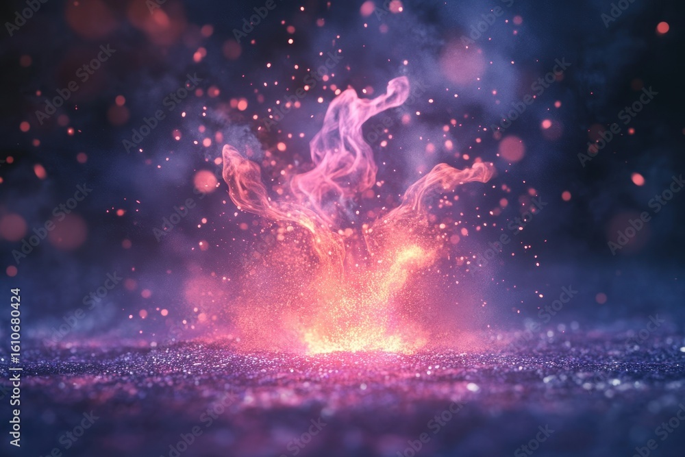 Poster digital representation of a vibrant firework explosion illuminating the night sky, digital particle 