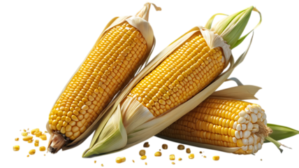 Three ears of fresh yellow corn with loose kernels scattered around isolated on transparent background