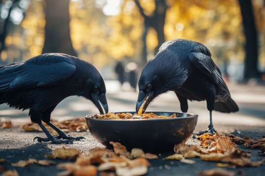 Raven crows feed from a bowl surrounded by autumn leaves in a sunlit park setting, Close up of raven crows eating from a food bowl on the ground on a sunny day